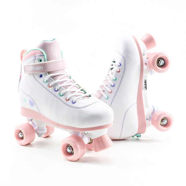 CREAM Scoop Quad Roller Skates, Adjustable - Hearts, White / Pink