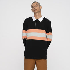 Santa Cruz Longsleeve Polo Vista Strip L/S Polo - Washed Black - Skatewarehouse.co.uk
