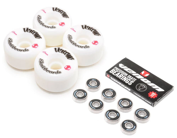 Venom Skateboards Logo White Skateboard Wheels & Venom ABEC 11 Bearings Pack - Skatewarehouse.co.uk