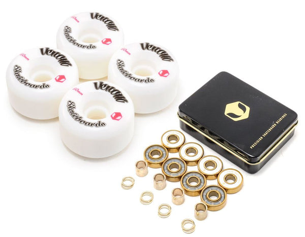 Venom Skateboards Logo White Skateboard Wheels & Venom Gold Bearings Pack - Skatewarehouse.co.uk