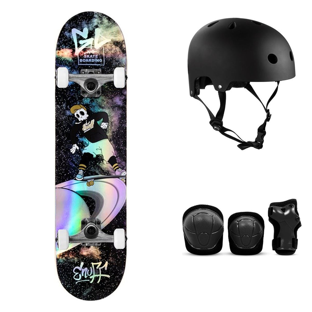 Enuff Skully Hologram Black Complete Skateboard Bundle - SFR Helmet & Pads - 7.25"