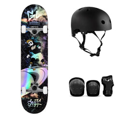 Enuff Skully Hologram Black Complete Skateboard Bundle - SFR Helmet & Pads - 7.25"