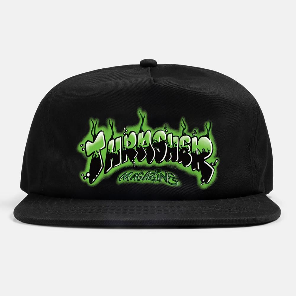 Thrasher Cap Airbrush Snapback Black - O/S - Skatewarehouse.co.uk