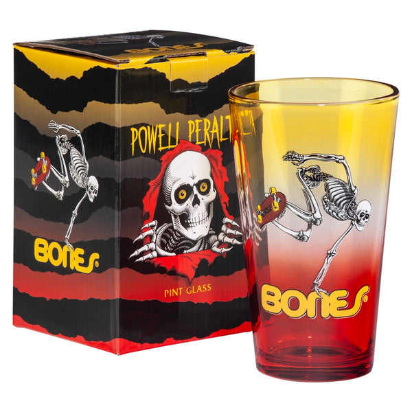 Powell-Peralta Pint Glass • Skateboard Skeleton • Yellow / Red Fade Skateboard Deck