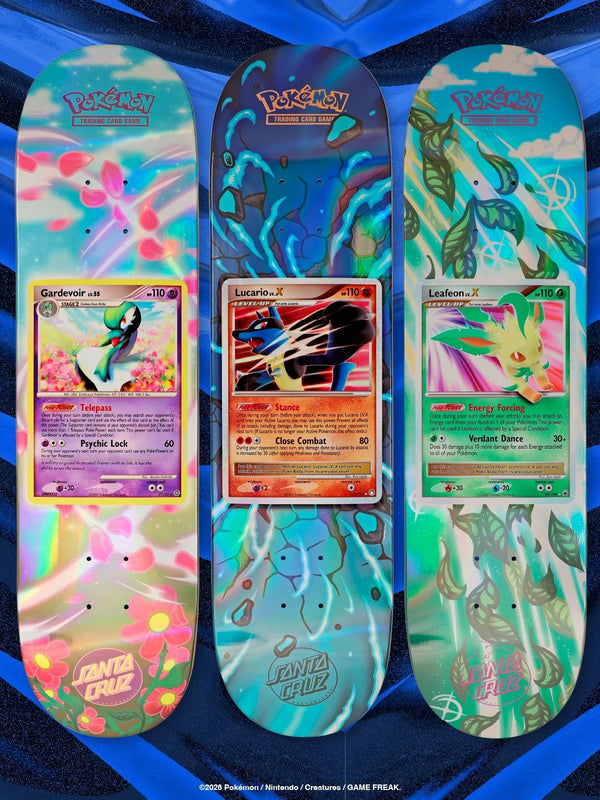 Santa Cruz x Pokémon TCG skateboard decks with Gardevoir, Lucario LV.X and Leafeon LV.X card art