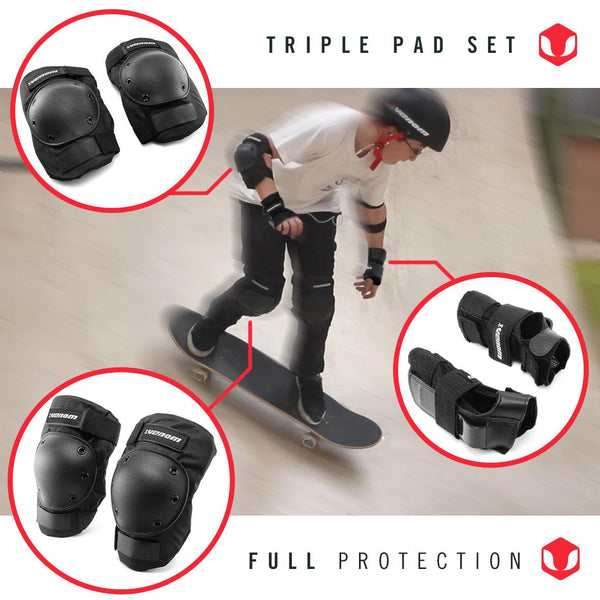 Venom Triple Knee/Elbow/Wrist Skateboard Scooter Skates Pad Set - Black - Skatewarehouse.co.uk