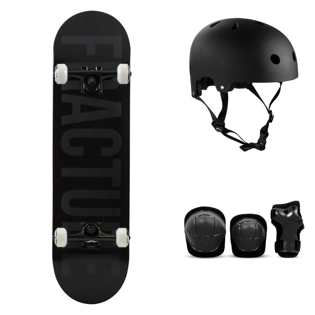 Fracture Fade Black Complete Skateboard Bundle - SFR Helmet & Pads - 8.0"
