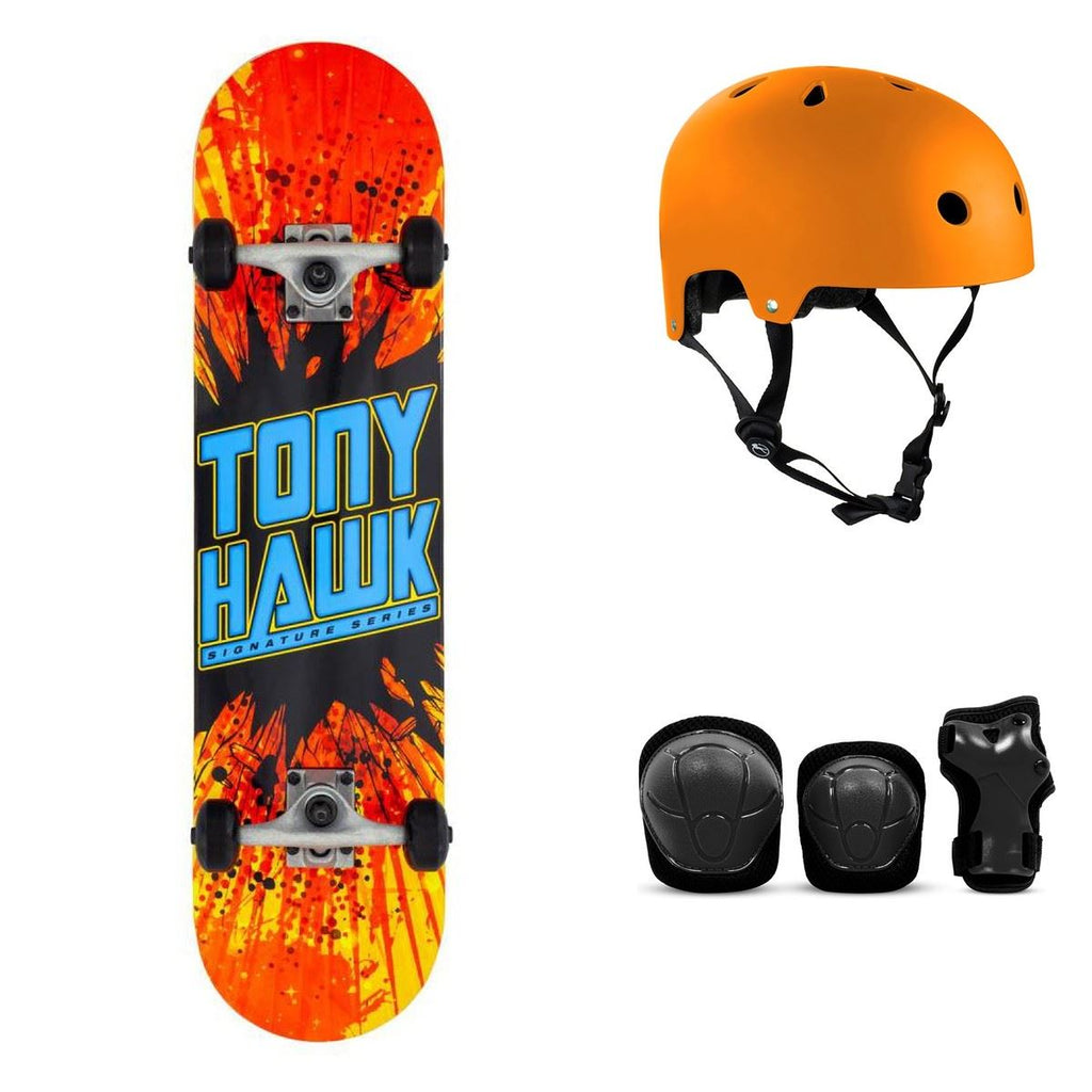 Tony Hawk SS 180 Shatter Logo Orange / Blue Complete Skateboard Bundle - SFR Helmet & Pads - 7.75"