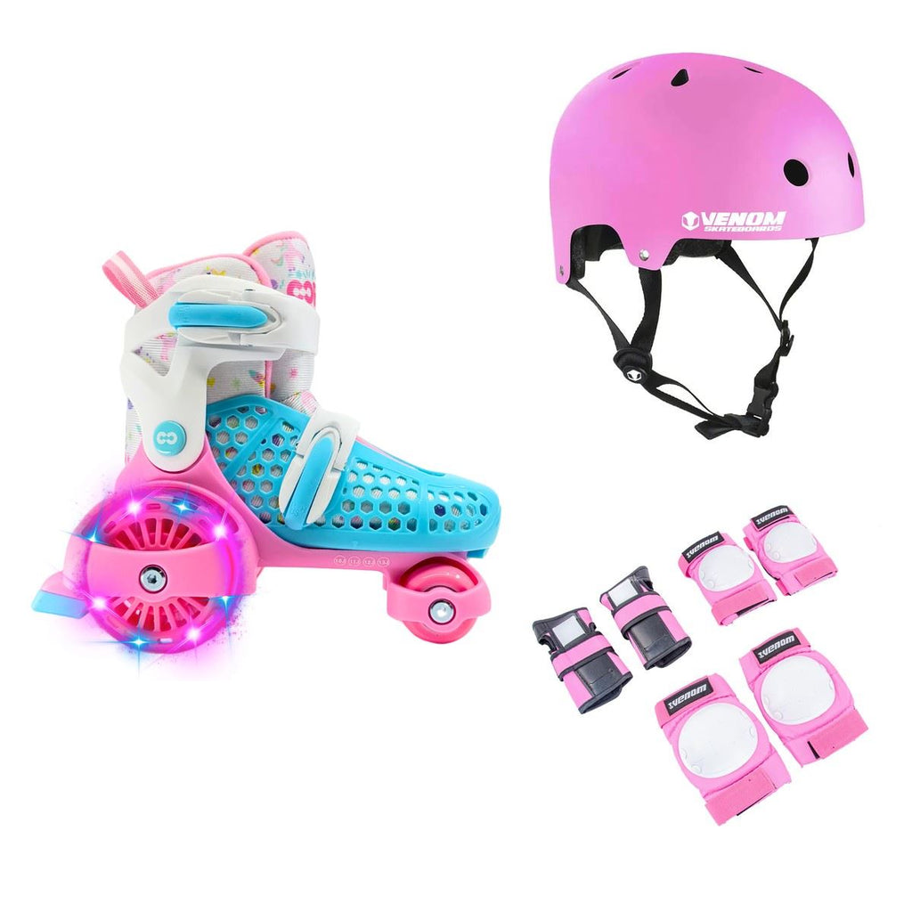 CORE Kids Newbie 4 Wheel Adjustable , LED Wheels - Pink / Blue Quad Skates - 6-9J UK / 23-27 EU / 7-10J US Bundle
