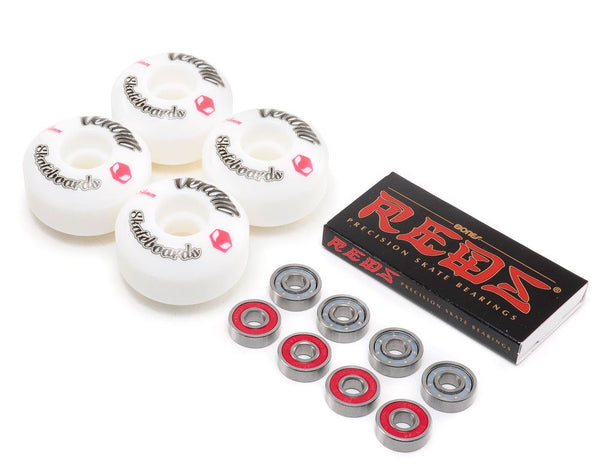 Venom Skateboards Logo White Skateboard Wheels & Bones Reds Bearings Pack - Skatewarehouse.co.uk