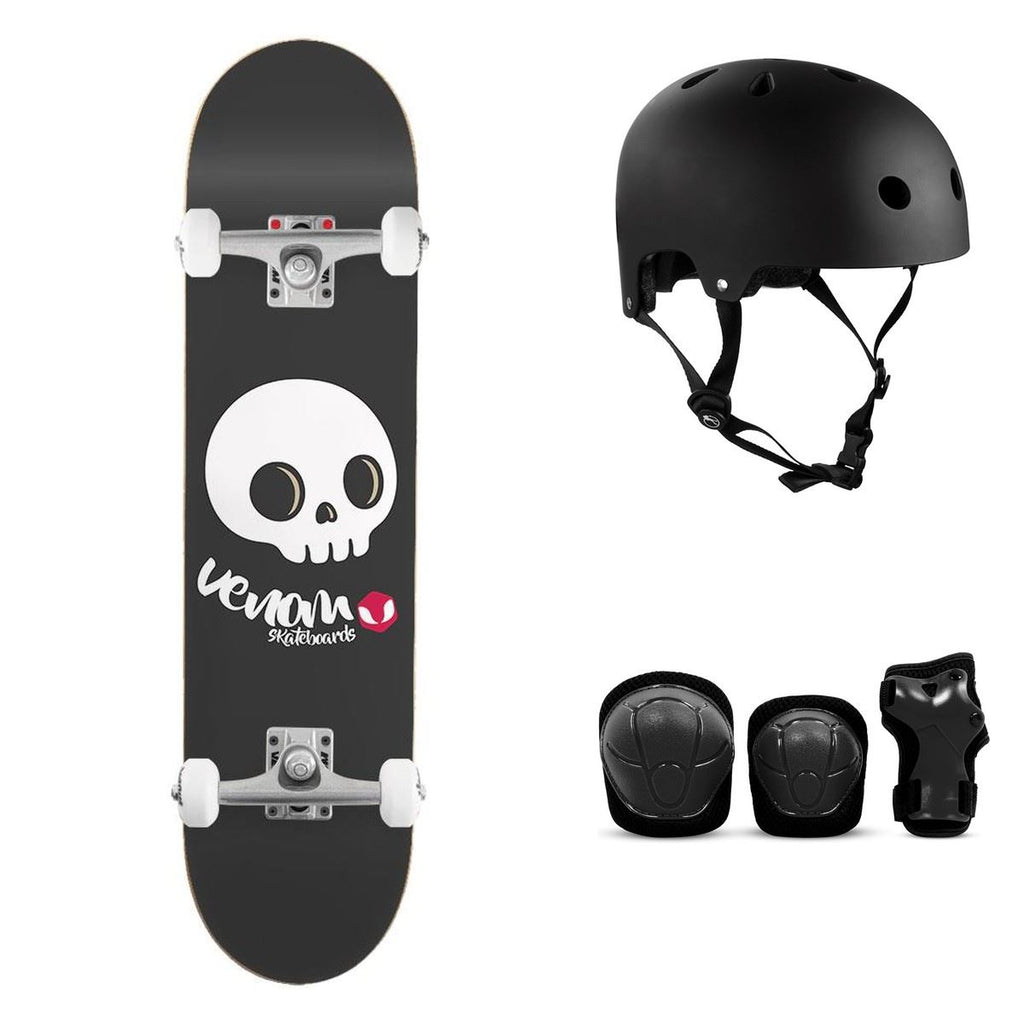 Venom Junior Kids - Skull Black Complete Skateboard Bundle - SFR Helmet & Pads - 7.25"