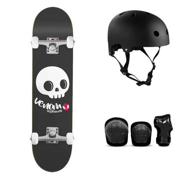 Venom Junior Kids - Skull Black Complete Skateboard Bundle - SFR Helmet & Pads - 7.25