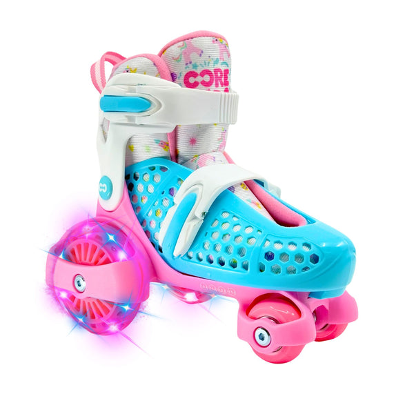 CORE Kids Newbie 4 Wheel Adjustable , LED Wheels - Pink / Blue Quad Skates - 6-9J UK / 23-27 EU / 7-10J US Bundle