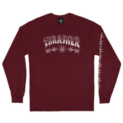 Thrasher Long Sleeve T-Shirt Barbed Wire - Maroon - Skatewarehouse.co.uk