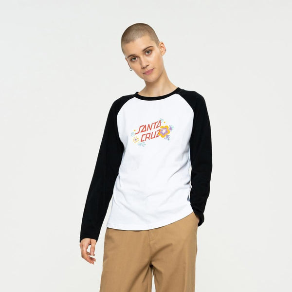 Santa Cruz Womens L/S T-Shirt Free Spirit Floral LS Baseball - White / Black - Skatewarehouse.co.uk