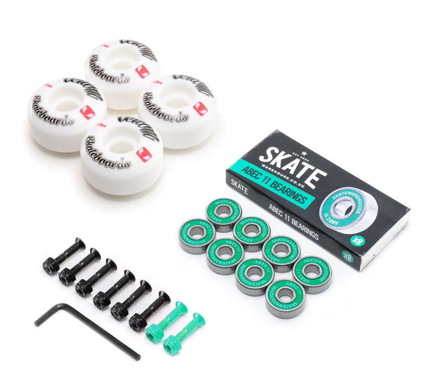 Venom Skateboards Logo White Skateboard Wheels & Skatewarehouse ABEC 11 Bearings Pack + Bolts! - Skatewarehouse.co.uk