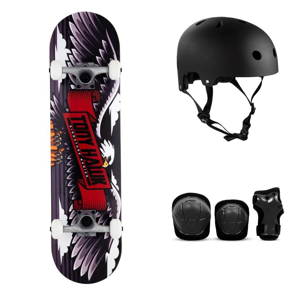 Tony Hawk SS 180 Wingspan Black / Red Complete Skateboard Bundle - SFR Helmet & Pads - 8.0"