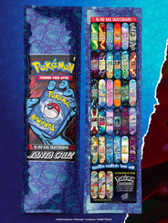 Santa Cruz x Pokémon TCG blind bag skateboard packaging, front and back, showing all 30 deck designs and the 3 gold chase decks