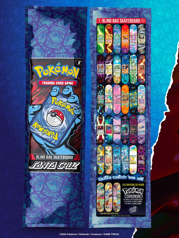 Santa Cruz x Pokémon TCG blind bag skateboard packaging, front and back, showing all 30 deck designs and the 3 gold chase decks