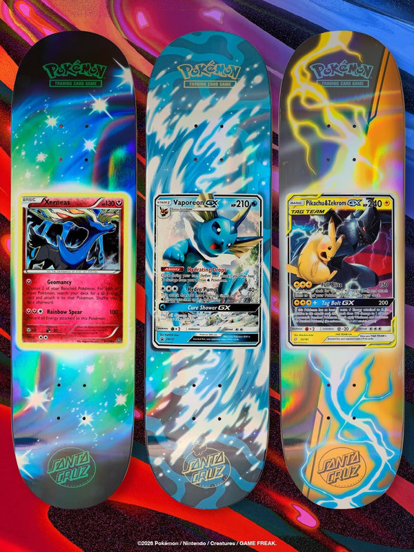 Santa Cruz x Pokémon TCG skateboard decks with Xerneas, Vaporeon GX and Pikachu & Zekrom GX card art