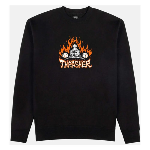 Thrasher Crew Who Cares by Neckface - Black - Skatewarehouse.co.uk