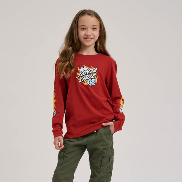 Santa Cruz Youth LS T-Shirt Youth Flaming Dice Dot LS - Dark Rust - Skatewarehouse.co.uk