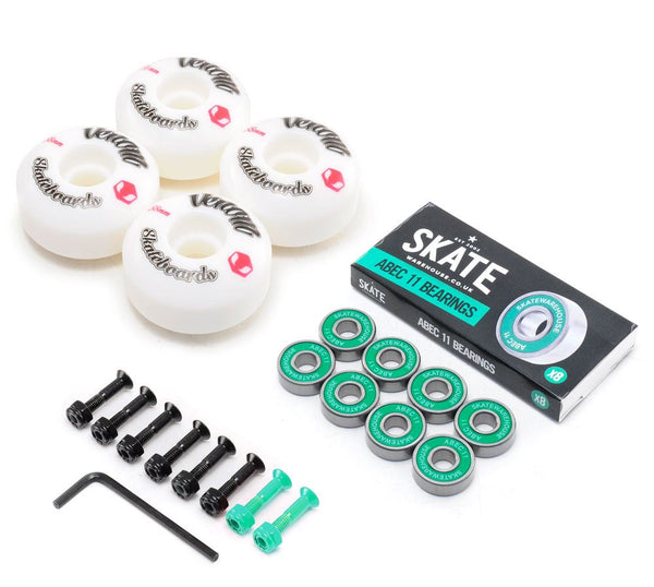 Venom Skateboards Logo White Skateboard Wheels & Skatewarehouse ABEC 11 Bearings Pack + Bolts! - Skatewarehouse.co.uk