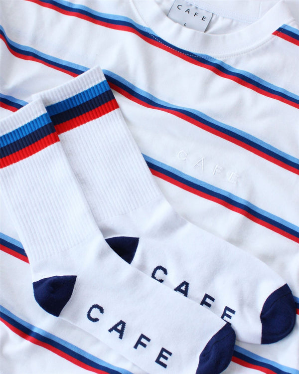 Skateboard Cafe Stripe Tee (White / Royal) - M