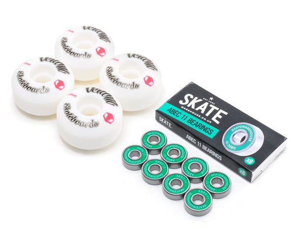 Venom Skateboards Logo White Skateboard Wheels & Skatewarehouse ABEC 11 Bearings Pack - Skatewarehouse.co.uk