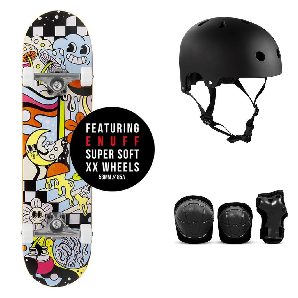 Enuff Meltworld Dazed Complete Skateboard Bundle - SFR Helmet & Pads - 7.75"
