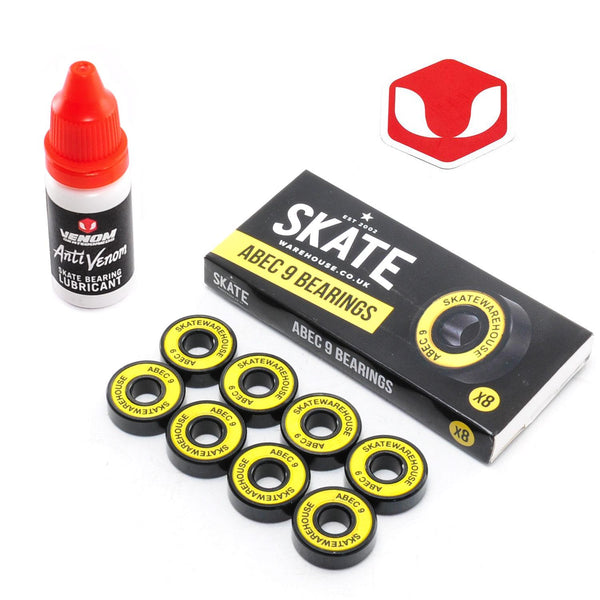 Skatewarehouse Abec 9 Skateboard Bearings & Venom Bearing Lubricant Pack - Skatewarehouse.co.uk