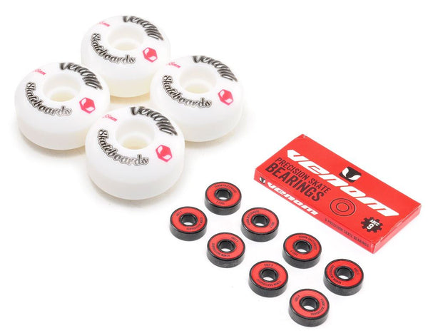 Venom Skateboards Logo White Skateboard Wheels & Venom ABEC 9 Bearings Pack - Skatewarehouse.co.uk