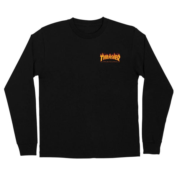 SCR x Thrasher L/S T-Shirt Thrasher Flame Dot - Black - Skatewarehouse.co.uk
