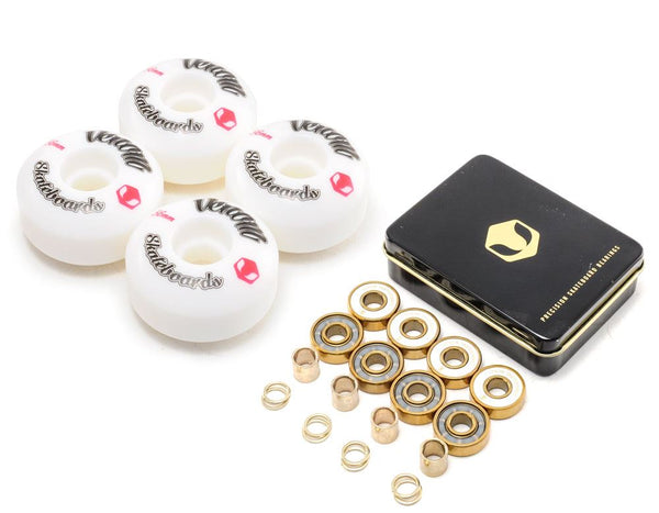 Venom Skateboards Logo White Skateboard Wheels & Venom Gold Bearings Pack - Skatewarehouse.co.uk
