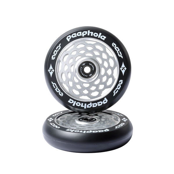 Sacrifice Spy 110mm Peephole Scooter Wheels Silver (Pair) + ABEC 9 Bearings - Skatewarehouse.co.uk