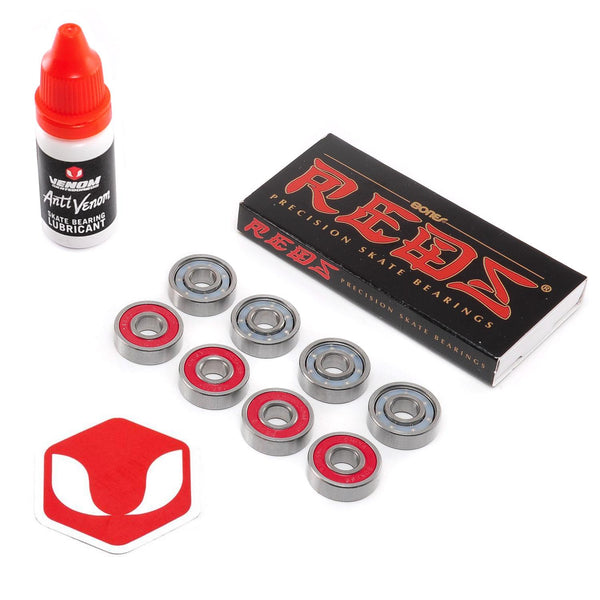 Bones Reds 608 Skateboard Bearings & Venom Bearing Lubricant Pack - Skatewarehouse.co.uk