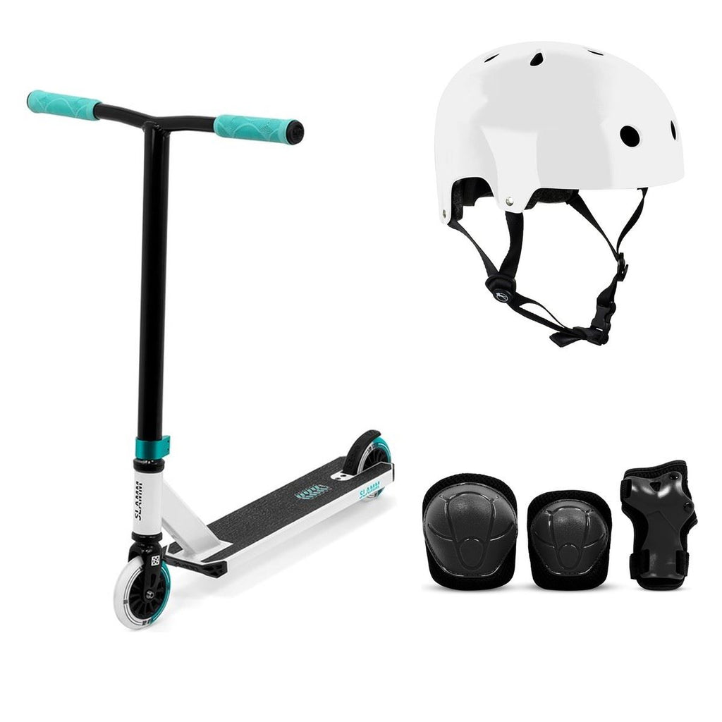 Slamm Classic Mini Pro Stunt Scooter - One Size White / Mint Bundle - SFR Helmet & Pads