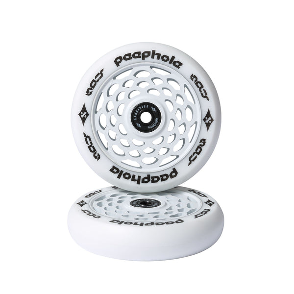 Sacrifice Spy 110mm Peephole Scooter Wheels White (Pair) + ABEC 9 Bearings - Skatewarehouse.co.uk